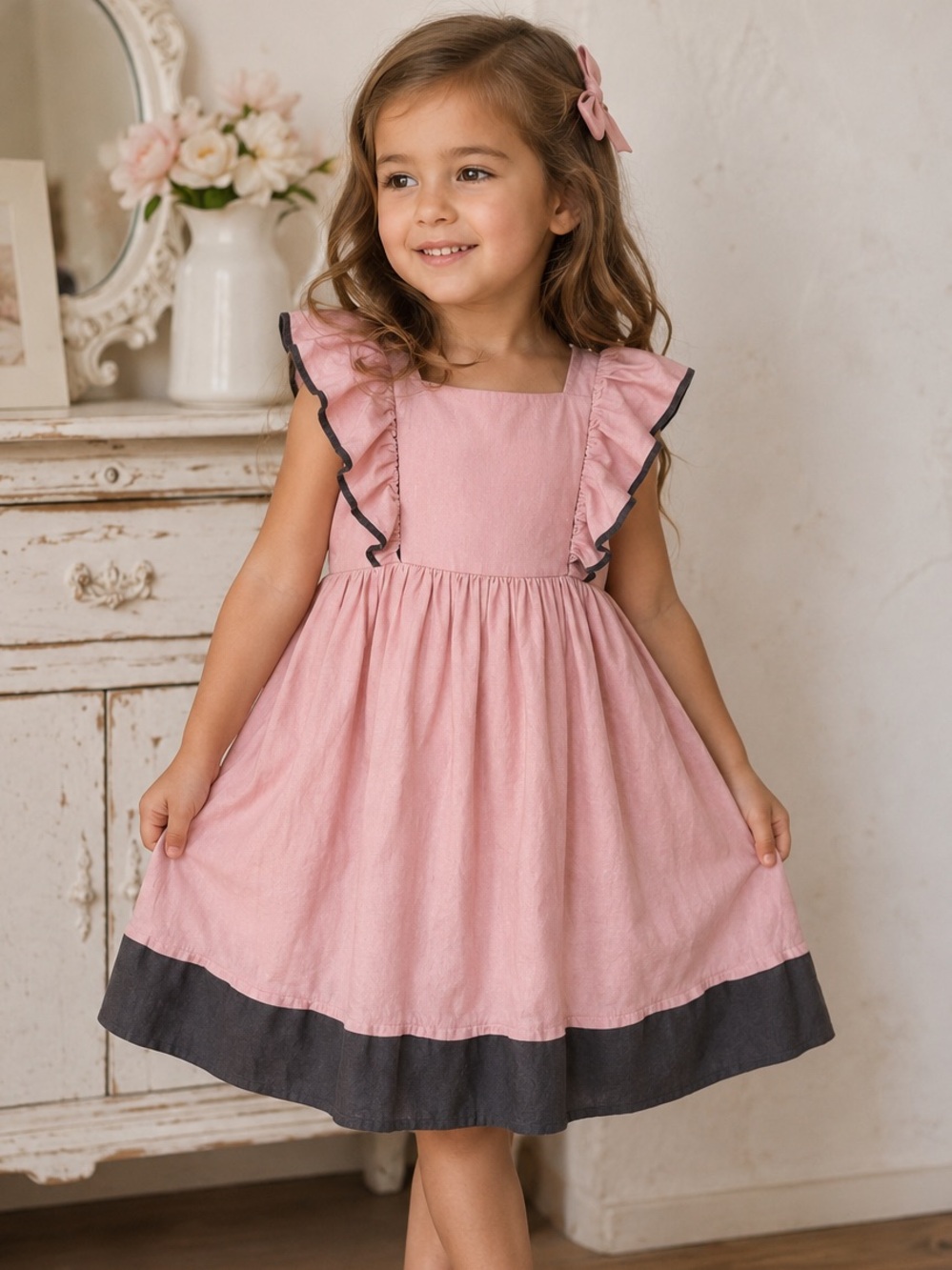 Kelly’s Kids Pink Grey Linen Rayon Ruffle Dress Sz 7-8 Shabby Chic Girly Preppy